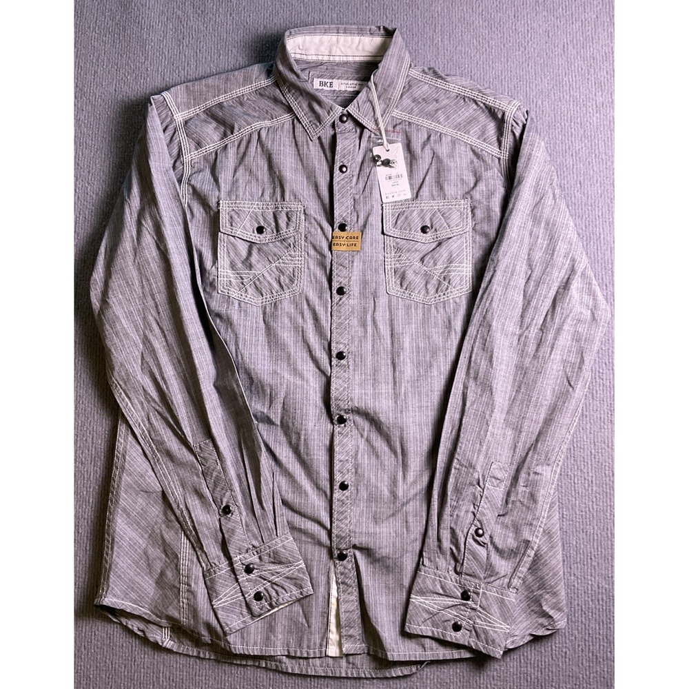 BKE Athletic Fit Snap Button Shirt Men Size Large Gray Pockets